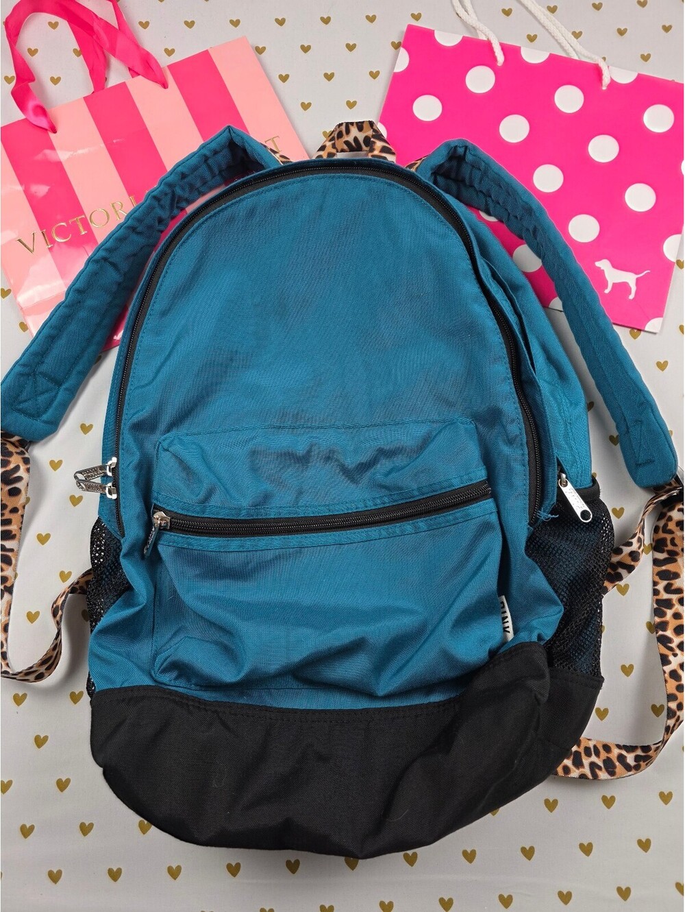 Victoria's Secret PINK Backpack Jade Teal Leopard Straps Full Size Bookbag